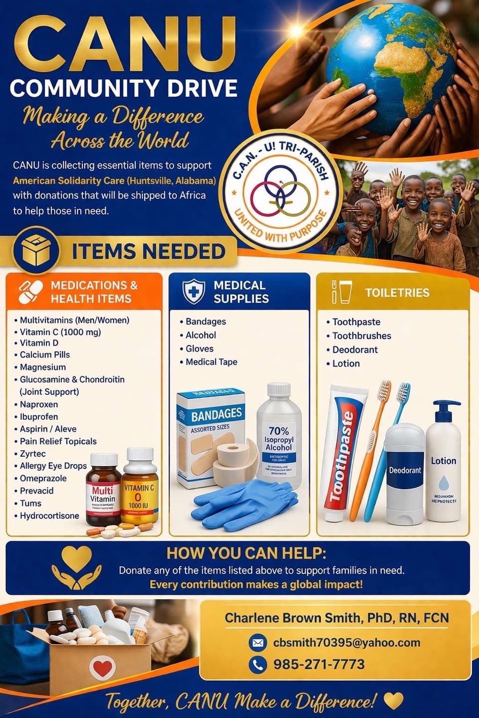 C.A.N.U. Community Drive flyer listing needed medications, medical supplies, toiletries, and donation contact details