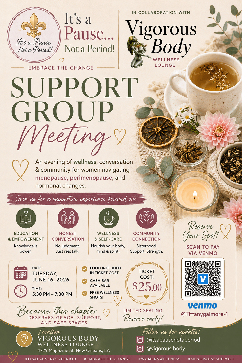 Support Group Meeting with Vigorous Body Wellness Lounge flyer