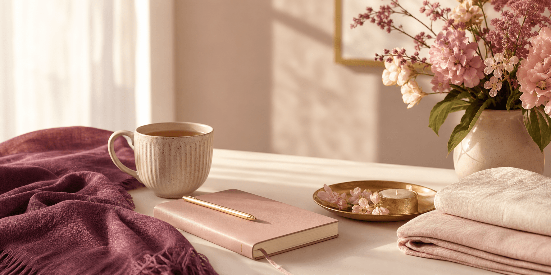A soft wellness still life with tea, flowers, linen, and a journal